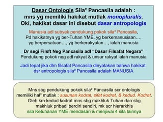Dasar Ontologis Sila² Pancasila adalah :
   mns yg memiliki hakikat mutlak monopluralis.
  Oki, hakikat dasar ini disebut dasar antropologis
     Manusia adl subyek pendukung pokok sila² Pancasila,
    Pd hakikatnya yg ber-Tuhan YME, yg berkemanusiaan…,
     yg berpersatuan…, yg berkerakyatan…, ialah manusia
   Dr segi Filsft Neg Pancasila adl “Dasar Filsafat Negara”
  Pendukung pokok neg adl rakyat & unsur rakyat ialah manusia
  Jadi tepat jika dlm filsafat Pancasila dinyatakan bahwa hakikat
         dsr antropologis sila² Pancasila adalah MANUSIA



     Mns sbg pendukung pokok sila² Pancasila scr ontologis
memiliki hal² mutlak : susunan kodrat, sifat kodrat, & kedud. Kodrat.
    Oleh krn kedud kodrat mns sbg makhluk Tuhan dan sbg
          makhluk pribadi berdiri sendiri, mk scr hierarkhis
    sila Ketuhanan YME mendasari & menjiwai 4 sila lainnya
 