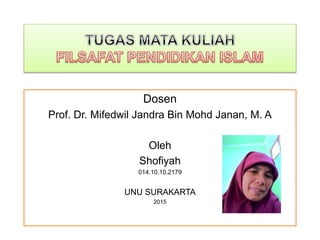 Dosen
Prof. Dr. Mifedwil Jandra Bin Mohd Janan, M. A
Oleh
Shofiyah
014.10.10.2179
UNU SURAKARTA
2015
 