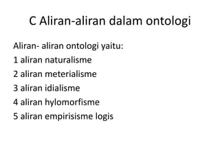 C Aliran-aliran dalam ontologi
Aliran- aliran ontologi yaitu:
1 aliran naturalisme
2 aliran meterialisme
3 aliran idialisme
4 aliran hylomorfisme
5 aliran empirisisme logis
 