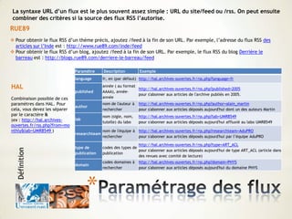 *
La syntaxe URL d’un flux est le plus souvent assez simple : URL du site/feed ou /rss. On peut ensuite
combiner des critères si la source des flux RSS l’autorise.
Paramètre Description Exemple
language fr, en (par défaut) http://hal.archives-ouvertes.fr/rss.php?language=fr
published
année ( au format
AAAA), année-
année
http://hal.archives-ouvertes.fr/rss.php?published=2005
pour s'abonner aux articles de l'archive publiés en 2005.
author
nom de l'auteur à
rechercher
http://hal.archives-ouvertes.fr/rss.php?author=alain_martin
pour s'abonner aux articles déposés aujourd'hui dont un des auteurs Martin
lab
nom (sigle, nom,
tutelle) du labo
http://hal.archives-ouvertes.fr/rss.php?lab=UMR8549
pour s'abonner aux articles déposés aujourd'hui affluxié au labo UMR8549
researchteam
nom de l'équipe à
rechercher
http://hal.archives-ouvertes.fr/rss.php?researchteam=AduPRO
pour s'abonner aux articles déposés aujourd'hui par l’équipe AduPRO
type de
publication
codes des types de
publication
http://hal.archives-ouvertes.fr/rss.php?type=ART_ACL
pour s'abonner aux articles déposés aujourd'hui de type ART_ACL (article dans
des revues avec comité de lecture)
domain
codes domaines à
rechercher
http://hal.archives-ouvertes.fr/rss.php?domain=PHYS
pour s'abonner aux articles déposés aujourd'hui du domaine PHYS
HAL
Combinaison possible de ces
paramètres dans HAL. Pour
cela, vous devez les séparer
par le caractère &
(ex : http://hal.archives-
ouvertes.fr/rss.php?from=mo
nthly&lab=UMR8549 )
RUE89
 Pour obtenir le flux RSS d’un thème précis, ajoutez /feed à la fin de son URL. Par exemple, l’adresse du flux RSS des
articles sur l’Inde est : http://www.rue89.com/inde/feed
 Pour obtenir le flux RSS d’un blog, ajoutez /feed à la fin de son URL. Par exemple, le flux RSS du blog Derrière le
barreau est : http://blogs.rue89.com/derriere-le-barreau/feed
Définition
 