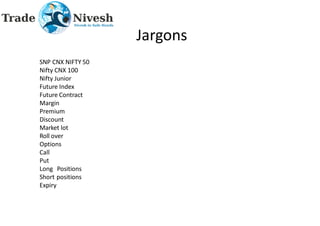 Jargons
SNP CNX NIFTY 50
Nifty CNX 100
Nifty Junior
Future Index
Future Contract
Margin
Premium
Discount
Market lot
Roll over
Options
Call
Put
Long Positions
Short positions
Expiry
 