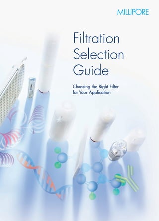 Â
Â
Filtration
Selection
Guide
Choosing the Right Filter
for Your Application
For additional information call your nearest Millipore office:
In the U.S. and Canada, call toll-free 1-800-MILLIPORE (1-800-645-5476)
In the U.S., Canada and Puerto Rico, fax orders to 1-800-MILLIFX (1-800-645-5439)
Outside of North America contact your local office.
To find the office nearest you visit www.millipore.com/offices
Internet: www.millipore.com
Technical Service: www.millipore.com/techservice
Copyright 2004 Millipore Corporation, Billerica, MA 01821 U.S.A. All rights reserved.
Lit. No. SG1500EN00 Rev. A Printed in U.S.A. 12/04 04-204 Photography, Robert Fraher.
SelGuideCov 1/3/05 3:32 PM Page 1
 