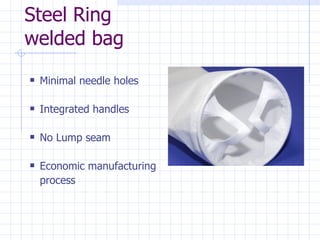 Steel Ring  welded bag Minimal needle holes Integrated handles No Lump seam Economic manufacturing  process 