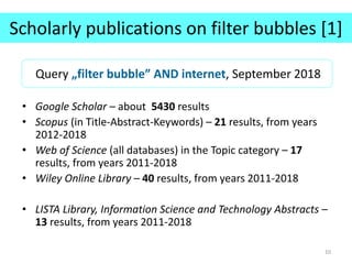 Scholarly publications on filter bubbles [1]
• Google Scholar – about 5430 results
• Scopus (in Title-Abstract-Keywords) – 21 results, from years
2012-2018
• Web of Science (all databases) in the Topic category – 17
results, from years 2011-2018
• Wiley Online Library – 40 results, from years 2011-2018
• LISTA Library, Information Science and Technology Abstracts –
13 results, from years 2011-2018
10
Query „filter bubble” AND internet, September 2018
 