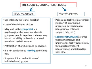 32
• Can intensify the fear of rejection
• Lost of the ability to discuss
• May lead to the groupthink = a
psychological phenomenon wherein
groups of people experience a temporary
loss of the ability to think in a rational,
moral and realistic manner
• Petrification of attitudes and behaviours
• It is not conducive to learning something
new
• Shapes opinions and attitudes of
individuals and groups
• Positive collective reinforcement
(support of information
processes, development of
interpersonal relations -
support, help, etc.)
• Social constructivism assumes
that user perceives and
understands reality subjectively,
through its permanent
interpretation and interaction
with others
THE SOCIO-CULTURAL FILTER BUBLE
NEGATIVE ASPECTS POSITIVE ASPECTS
 