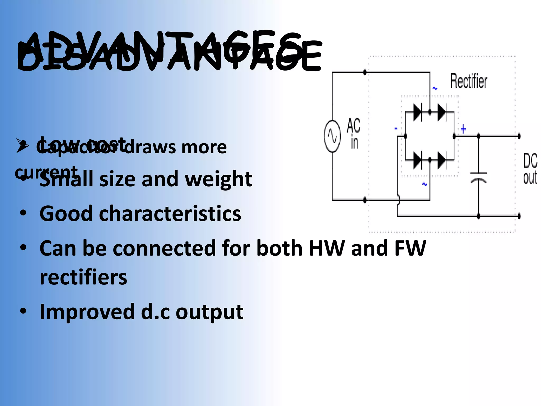 ADVANTAGES
DISADVANTAGE
• Low cost
Capacitor draws more
current size and weight
• Small
• Good characteristics
• Can be connected for both HW and FW
rectifiers
• Improved d.c output