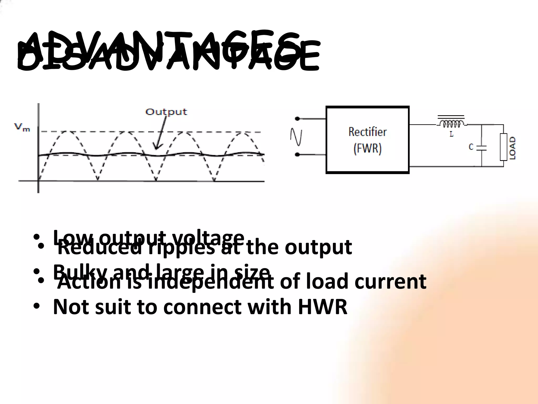 ADVANTAGES
DISADVANTAGE
••
••
•
Low output voltage the output
Reduced ripples at
Bulky andindependent of load current
Action is large in size
Not suit to connect with HWR