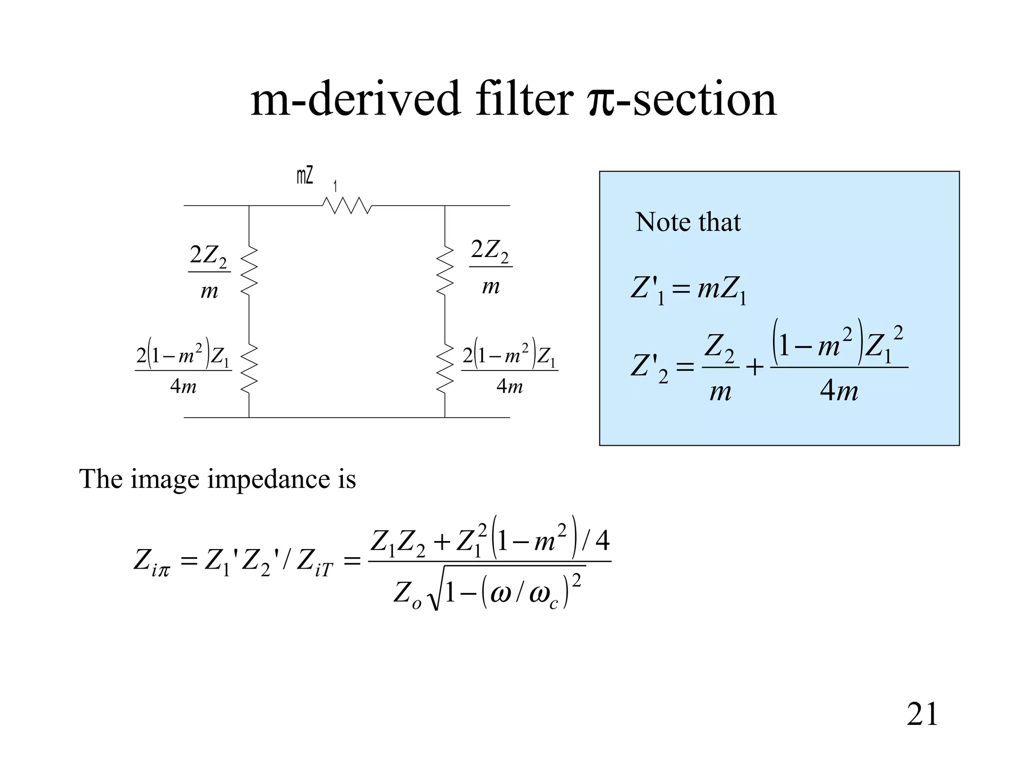 m-derived filter π-section
21
mZ 1
m
Z22
m
Z22
( )
m
Zm
4
12 1
2
−( )
m
Zm
4
12 1
2
−
( )
( )2
22
121
21
/1
4/1
/''
co
iTi
Z
mZZZ
ZZZZ
ωω
π
−
−+
==
11' mZZ =
( )
m
Zm
m
Z
Z
4
1
'
2
1
2
2
2
−
+=
Note that
The image impedance is
 