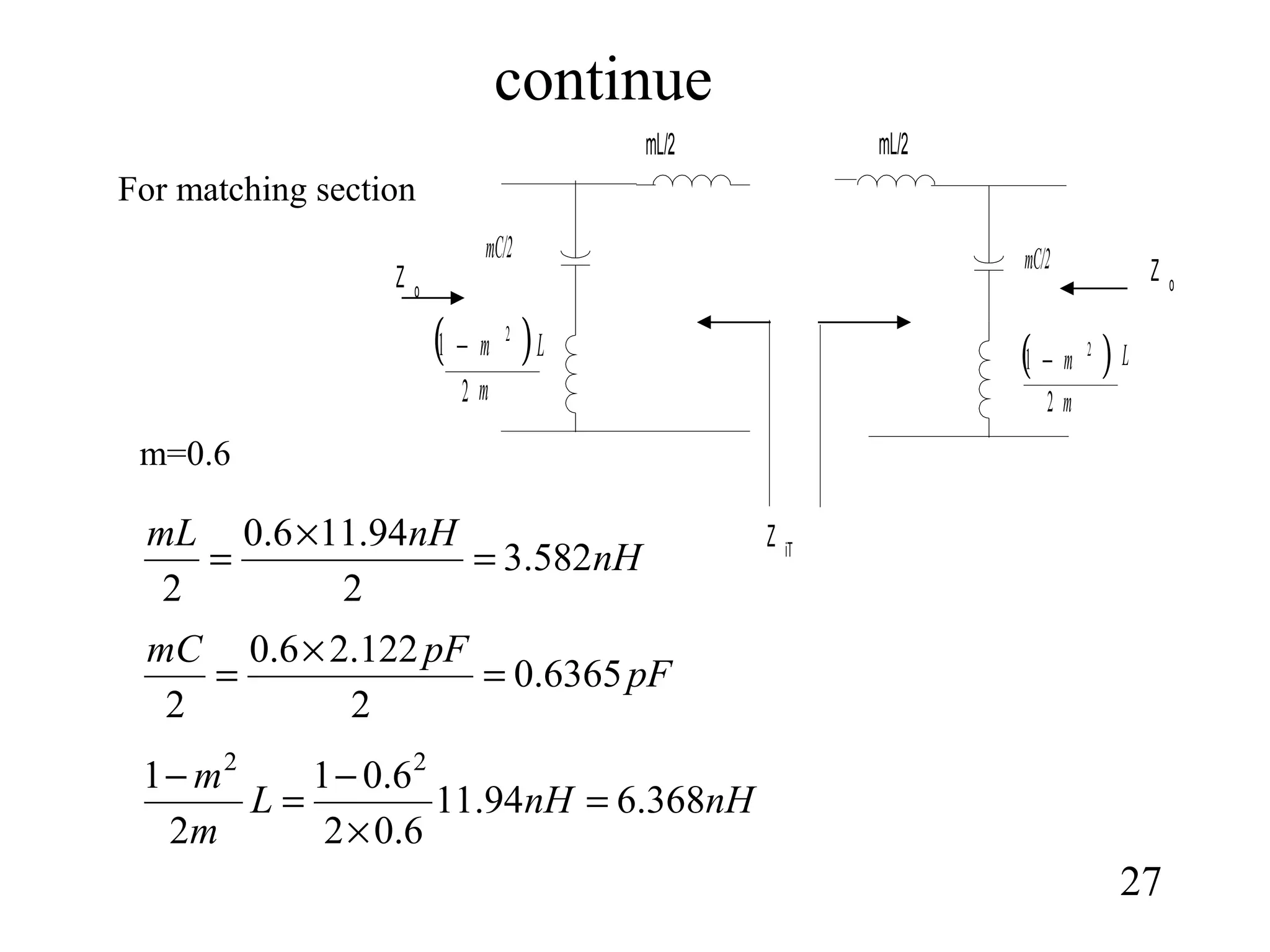 continue
27
For matching section
mL/2
mC/2mC/2
( )
m
Lm
2
1 2
−( )
m
Lm
2
1 2
−
mL/2
Z iT
Z o
Z o
m=0.6
nH
nHmL
582.3
2
94.116.0
2
=
×
=
pF
pFmC
6365.0
2
122.26.0
2
=
×
=
nHnHL
m
m
368.694.11
6.02
6.01
2
1 22
=
×
−
=
−
 