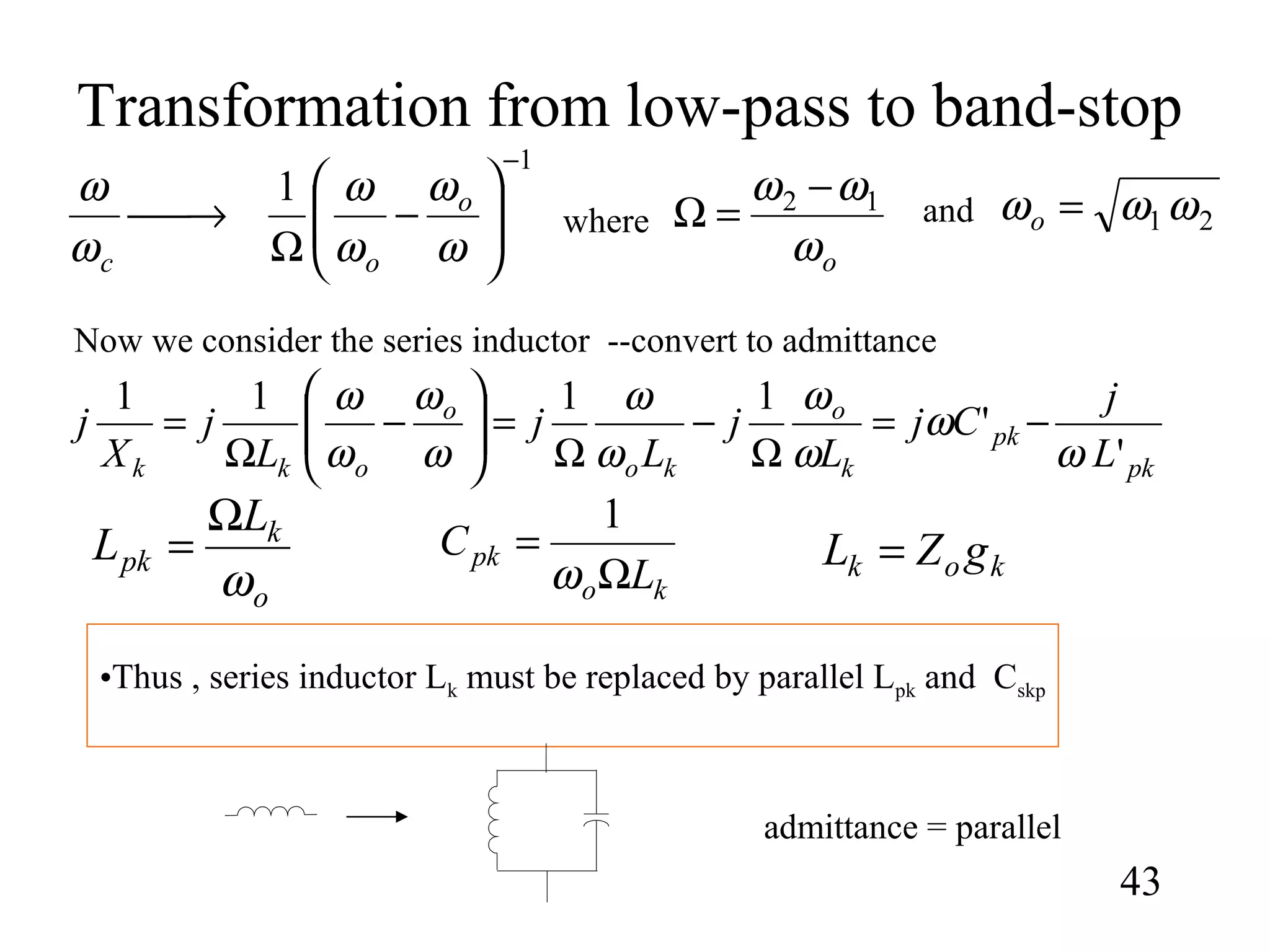 Transformation from low-pass to band-stop
43
•Thus , series inductor Lk must be replaced by parallel Lpk and Cskp
o
k
pk
L
L
ω
Ω
=
ko
pk
L
C
Ω
=
ω
1
1
1
−






−
Ω
→
ω
ω
ω
ω
ω
ω o
oc
where
oω
ωω 12 −
=Ω 21 ωωω =oand
pk
pk
k
o
ko
o
okk L
j
Cj
L
j
L
j
L
j
X
j
'
'
1111
ω
ω
ω
ω
ω
ω
ω
ω
ω
ω
−=
Ω
−
Ω
=





−
Ω
=
Now we consider the series inductor --convert to admittance
kok gZL =
admittance = parallel
 