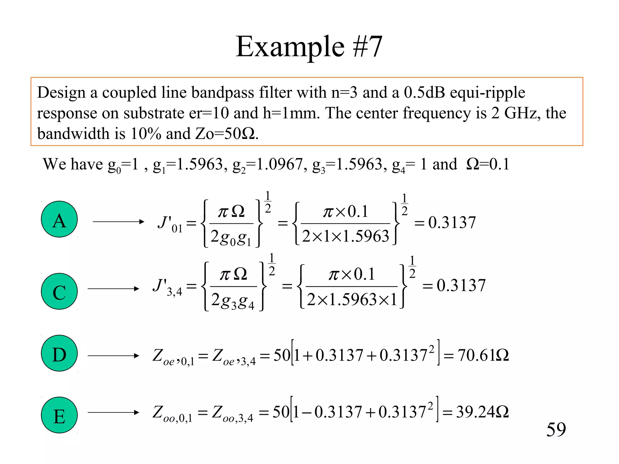 Example #7
59
Design a coupled line bandpass filter with n=3 and a 0.5dB equi-ripple
response on substrate er=10 and h=1mm. The center frequency is 2 GHz, the
bandwidth is 10% and Zo=50Ω.
We have g0=1 , g1=1.5963, g2=1.0967, g3=1.5963, g4= 1 and Ω=0.1
3137.0
5963.112
1.0
2
'
2
1
2
1
10
01 =






××
×
=





 Ω
=
ππ
gg
J
[ ] Ω=++== 61.703137.03137.0150,, 2
4,31,0 oeoe ZZ
[ ] Ω=+−== 24.393137.03137.0150 2
4,3,1,0, oooo ZZ
3137.0
15963.12
1.0
2
'
2
1
2
1
43
4,3 =






××
×
=





 Ω
=
ππ
gg
J
A
C
D
E
 