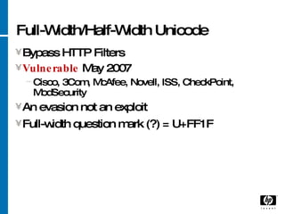 Full-Width/Half-Width Unicode <ul><li>Bypass HTTP Filters  </li></ul><ul><li>Vulnerable  May 2007 </li></ul><ul><ul><li>Ci...