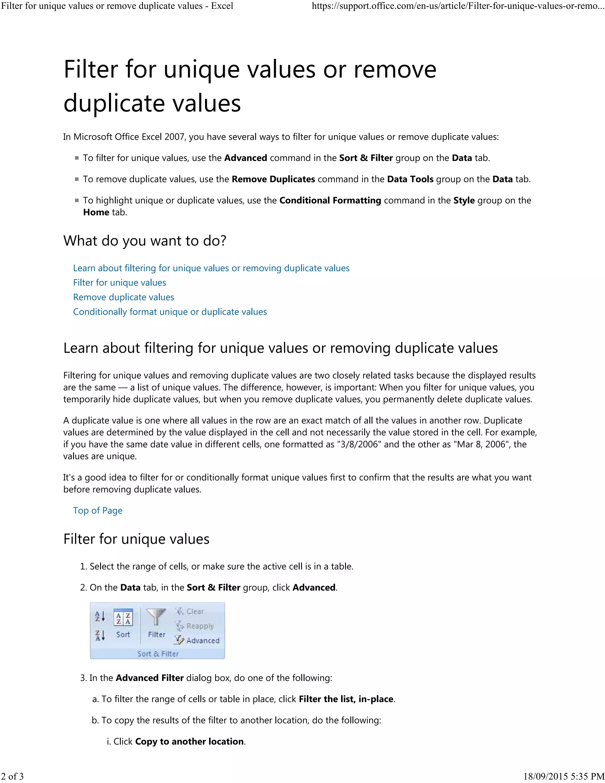 Filter for unique values or remove duplicate values excel | PDF ...