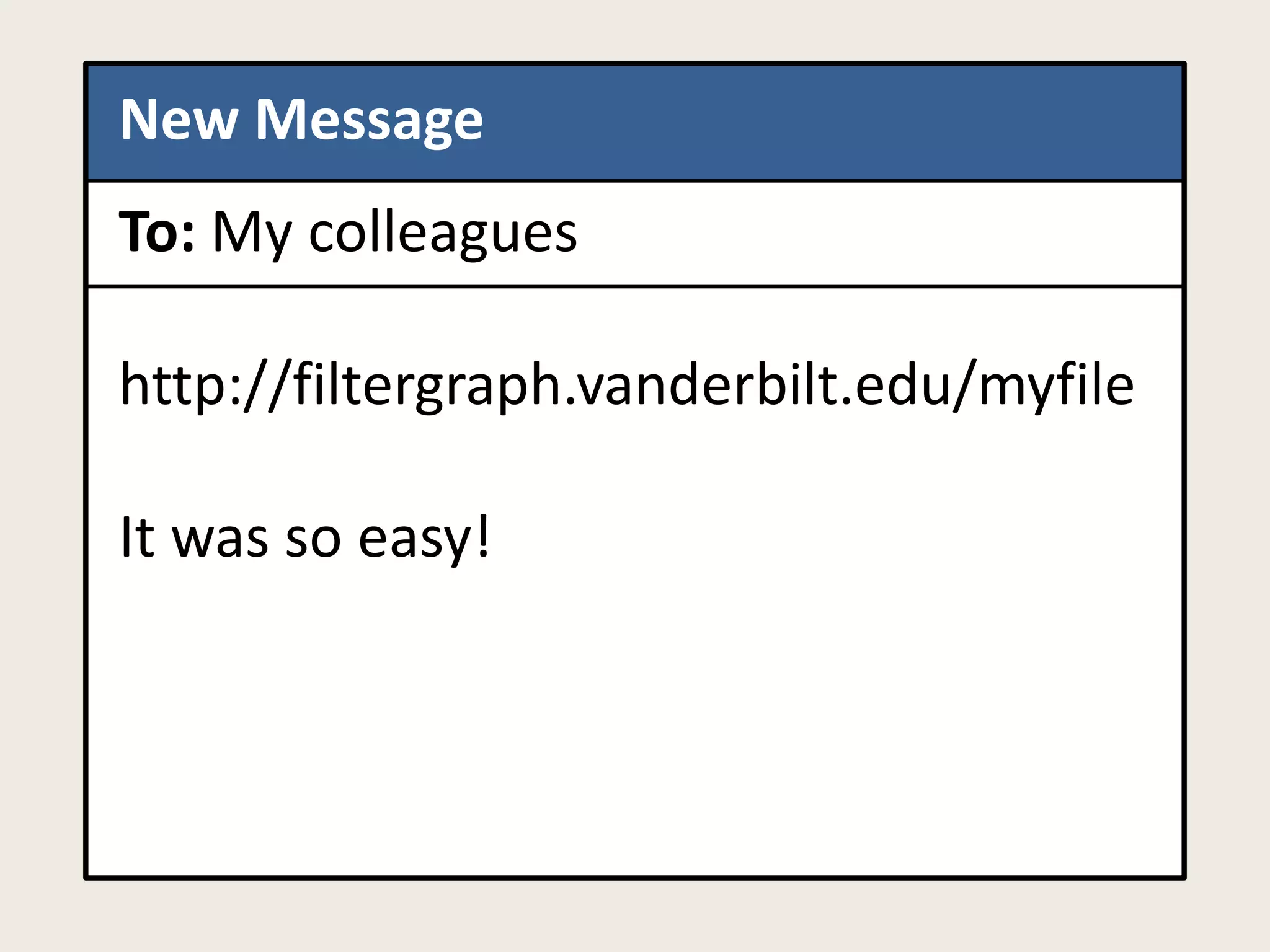 New Message
To: My colleagues
http://filtergraph.vanderbilt.edu/myfile
It was so easy!
 