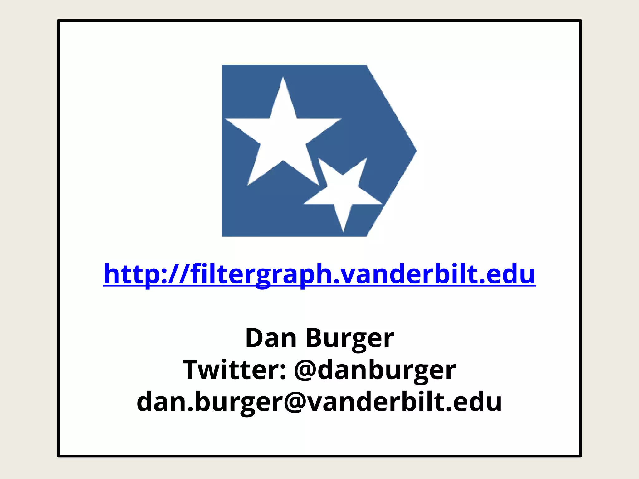 http://filtergraph.vanderbilt.edu
Dan Burger
Twitter: @danburger
dan.burger@vanderbilt.edu
 