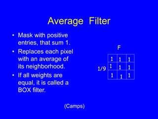 Average Filter
• Mask with positive
entries, that sum 1.
• Replaces each pixel
with an average of
its neighborhood.
• If all weights are
equal, it is called a
BOX filter.
1
1
1
1
1 1
1
1
1
F
1/9
(Camps)
 
