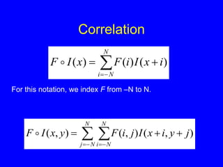 Correlation





N
N
i
i
x
I
i
F
x
I
F )
(
)
(
)
(

 

 




N
N
j
N
N
i
j
y
i
x
I
j
i
F
y
x
I
F )
,
(
)
,
(
)
,
(

For this notation, we index F from –N to N.
 