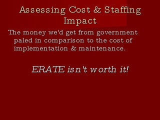 Assessing Cost & Staffing Impact The money we'd get from government paled in comparison to the cost of implementation & maintenance. ERATE isn't worth it! 