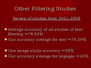 Other Filtering Studies Review of studies from 2001-2008 Average accuracy of all studies of text-filtering = 78.56%  Our accuracy average for text = 76.29% One image study accuracy = 48% Our accuracy average for imgages = 44% 