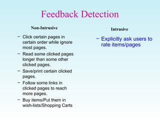 Feedback Detection
– Click certain pages in
certain order while ignore
most pages.
– Read some clicked pages
longer than some other
clicked pages.
– Save/print certain clicked
pages.
– Follow some links in
clicked pages to reach
more pages.
– Buy items/Put them in
wish-lists/Shopping Carts
– Explicitly ask users to
rate items/pages
Non-Intrusive Intrusive
 