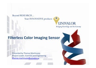 Filterless Color Imaging Sensor


  Presented by Thomas Martinuzzo
  Project Leader, Sciences and Engineering
  thomas.martinuzzo@univalor.ca
 