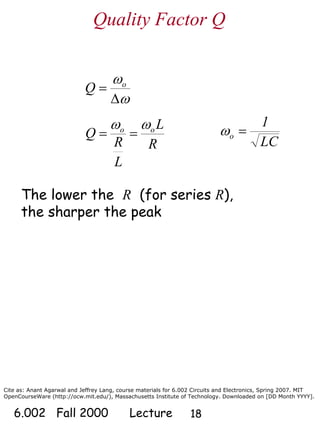 Cite as: Anant Agarwal and Jeffrey Lang, course materials for 6.002 Circuits and Electronics, Spring 2007. MIT
OpenCourseWare (http://ocw.mit.edu/), Massachusetts Institute of Technology. Downloaded on [DD Month YYYY].
6.002 Fall 2000 Lecture 18
R
L
L
R
Q oo ωω
==
The lower the R (for series R),
the sharper the peak
ω
ω
Δ
= o
Q
Quality Factor Q
LC
1
o =ω
 