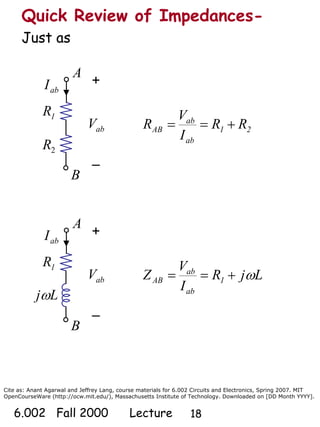 Cite as: Anant Agarwal and Jeffrey Lang, course materials for 6.002 Circuits and Electronics, Spring 2007. MIT
OpenCourseWare (http://ocw.mit.edu/), Massachusetts Institute of Technology. Downloaded on [DD Month YYYY].
6.002 Fall 2000 Lecture 18
Quick Review of Impedances-
Just as
21
ab
ab
AB RR
I
V
R +==
LjR
I
V
Z 1
ab
ab
AB ω+==
1R
abI +
–
abV
2R
A
B
1R
abI +
–
abV
Ljω
A
B
 