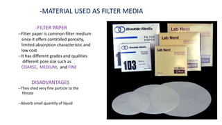 -MATERIAL USED AS FILTER MEDIA
-FILTER PAPER
--Filter paper is common filter medium
since it offers controlled porosity,
limited absorption characteristic and
low cost
--It has different grades and qualities
different pore size such as
COARSE, MEDIUM, and FINE
DISADVANTAGES
--They shed very fine particle to the
filtrate
--Absorb small quantity of liquid
 