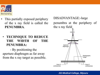 JSS Medical College, Mysuru
• This partially exposed periphery
of the x ray field is called the
PENUMBRA.
• TECHNIQUE TO REDUCE
THE WIDTH OF THE
PENUMBRA:
- By positioning the
aperture diaphragm as far away
from the x ray target as possible.
DISADVANTAGE:-large
penumbra at the periphery of
the x ray field
 