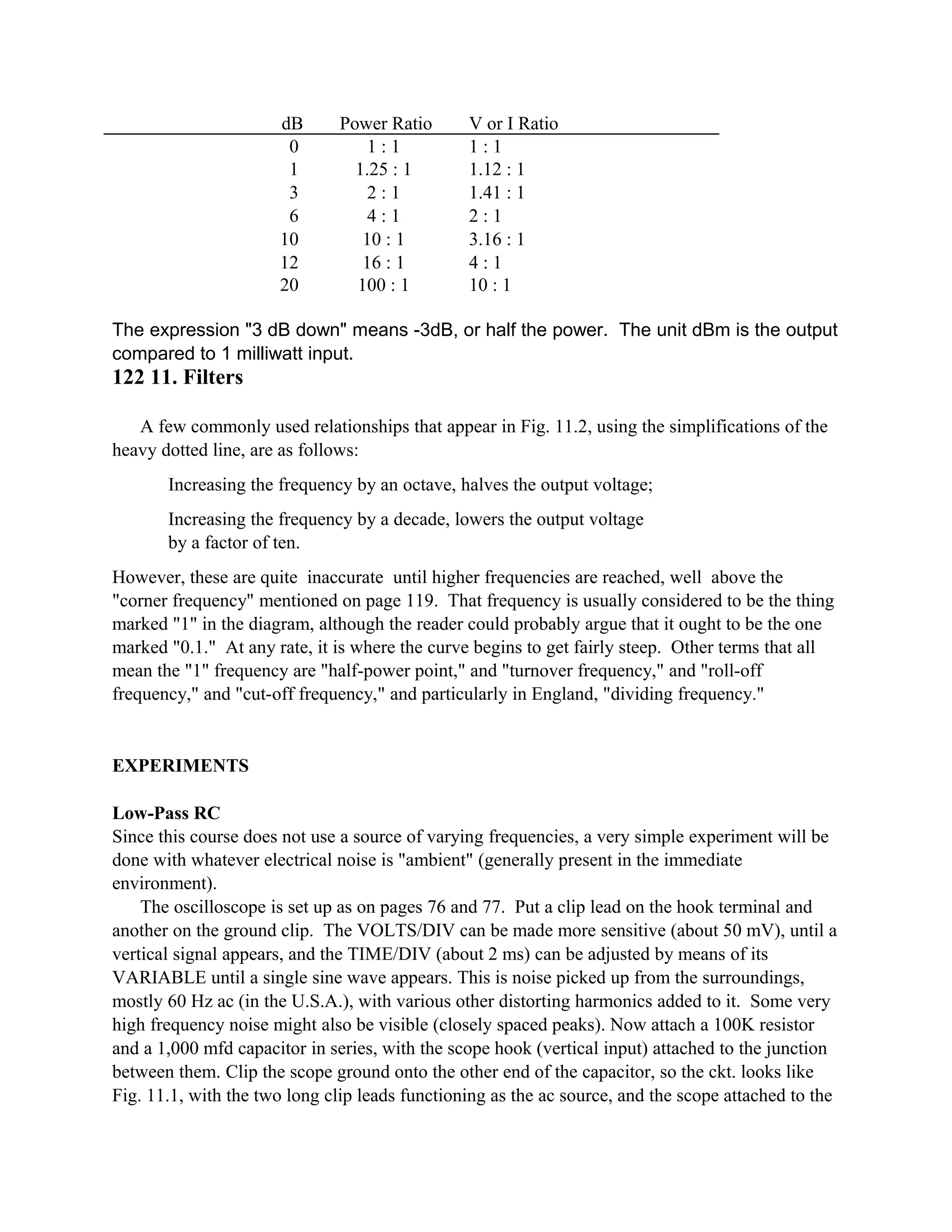 dB Power Ratio V or I Ratio
0 1 : 1 1 : 1
1 1.25 : 1 1.12 : 1
3 2 : 1 1.41 : 1
6 4 : 1 2 : 1
10 10 : 1 3.16 : 1
12 16 : 1 4 : 1
20 100 : 1 10 : 1
The expression "3 dB down" means -3dB, or half the power. The unit dBm is the output
compared to 1 milliwatt input.
122 11. Filters
A few commonly used relationships that appear in Fig. 11.2, using the simplifications of the
heavy dotted line, are as follows:
Increasing the frequency by an octave, halves the output voltage;
Increasing the frequency by a decade, lowers the output voltage
by a factor of ten.
However, these are quite inaccurate until higher frequencies are reached, well above the
"corner frequency" mentioned on page 119. That frequency is usually considered to be the thing
marked "1" in the diagram, although the reader could probably argue that it ought to be the one
marked "0.1." At any rate, it is where the curve begins to get fairly steep. Other terms that all
mean the "1" frequency are "half-power point," and "turnover frequency," and "roll-off
frequency," and "cut-off frequency," and particularly in England, "dividing frequency."
EXPERIMENTS
Low-Pass RC
Since this course does not use a source of varying frequencies, a very simple experiment will be
done with whatever electrical noise is "ambient" (generally present in the immediate
environment).
The oscilloscope is set up as on pages 76 and 77. Put a clip lead on the hook terminal and
another on the ground clip. The VOLTS/DIV can be made more sensitive (about 50 mV), until a
vertical signal appears, and the TIME/DIV (about 2 ms) can be adjusted by means of its
VARIABLE until a single sine wave appears. This is noise picked up from the surroundings,
mostly 60 Hz ac (in the U.S.A.), with various other distorting harmonics added to it. Some very
high frequency noise might also be visible (closely spaced peaks). Now attach a 100K resistor
and a 1,000 mfd capacitor in series, with the scope hook (vertical input) attached to the junction
between them. Clip the scope ground onto the other end of the capacitor, so the ckt. looks like
Fig. 11.1, with the two long clip leads functioning as the ac source, and the scope attached to the
 