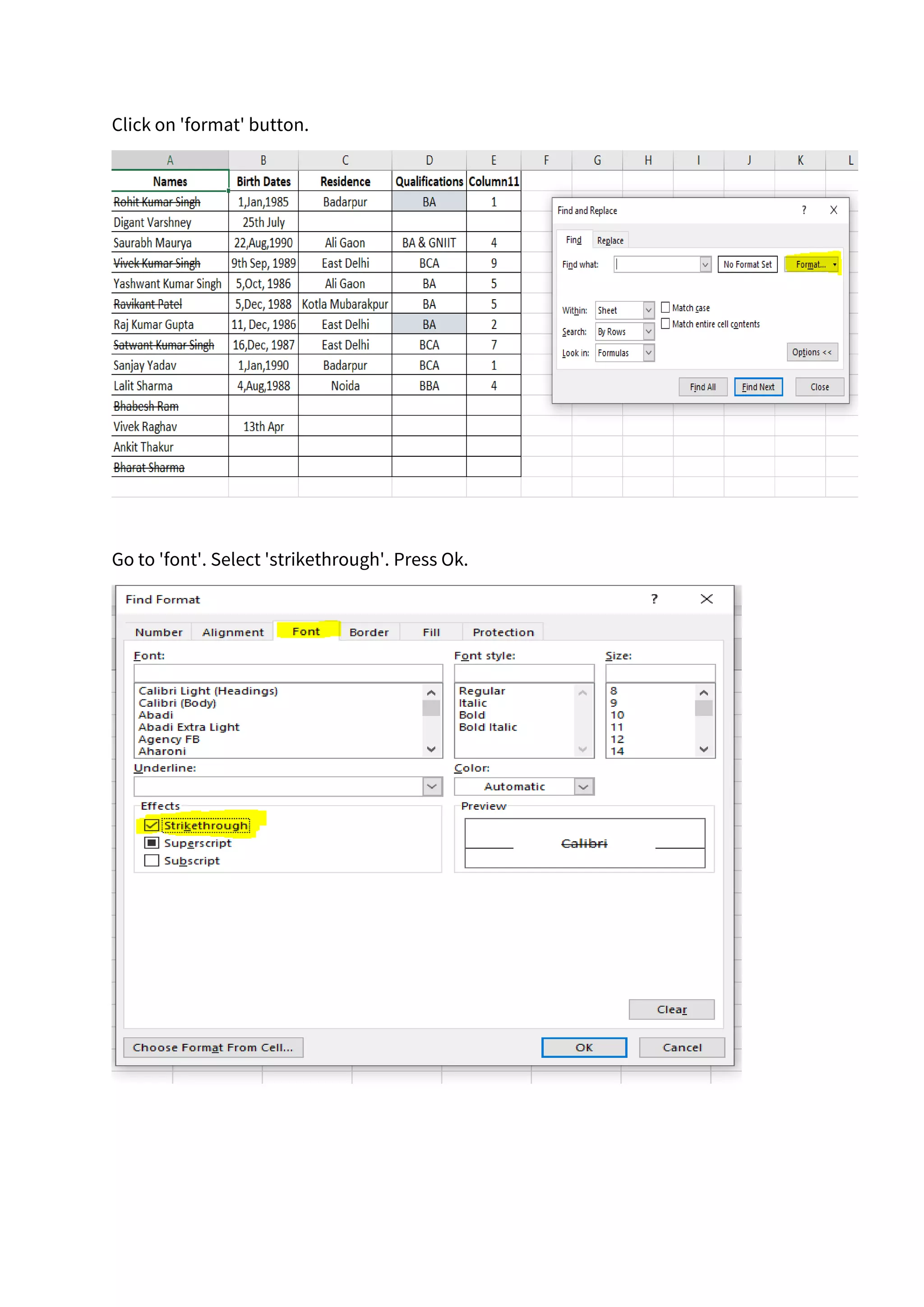 Filter strikethrough data in Microsoft excel PDF