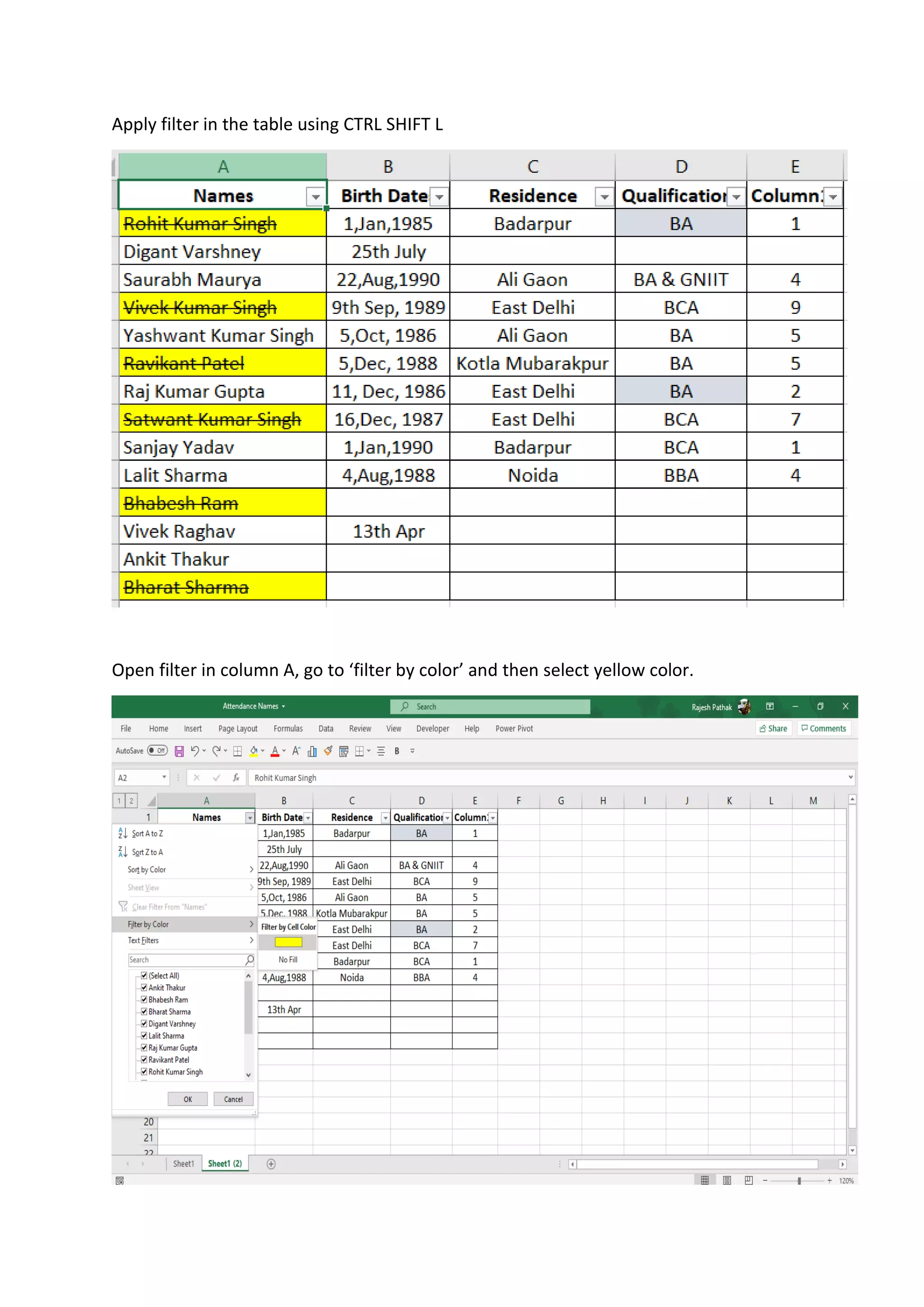 Filter strikethrough data in Microsoft excel PDF