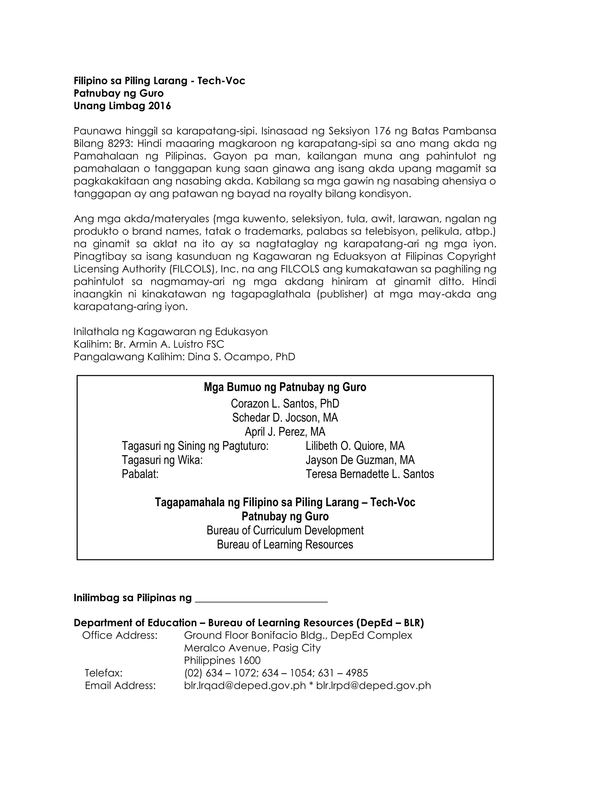 Piling La Rang Tech Voc Module Filipino sa Piling Larang Tech-Voc (Patnubay ng Guro) | PDF