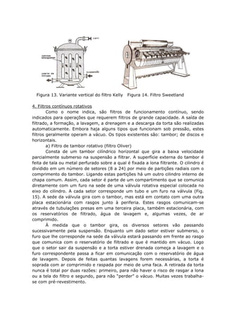 Figura 13. Variante vertical do filtro Kelly   Figura 14. Filtro Sweetland

4. Filtros contínuos rotativos
        Como o nome indica, são filtros de funcionamento contínuo, sendo
indicados para operações que requerem filtros de grande capacidade. A saída de
filtrado, a formação, a lavagem, a drenagem e a descarga da torta são realizadas
automaticamente. Embora haja alguns tipos que funcionam sob pressão, estes
filtros geralmente operam a vácuo. Os tipos existentes são: tambor; de discos e
horizontais.
        a) Filtro de tambor rotativo (filtro Oliver)
        Consta de um tambor cilíndrico horizontal que gira a baixa velocidade
parcialmente submerso na suspensão a filtrar. A superfície externa do tambor é
feita de tala ou metal perfurado sobre a qual é fixada a lona filtrante. O cilindro é
dividido em um número de setores (8 a 24) por meio de partições radiais com o
comprimento do tambor. Ligando estas partições há um outro cilindro interno de
chapa comum. Assim, cada setor é parte de um compartimento que se comunica
diretamente com um furo na sede de uma válvula rotativa especial colocada no
eixo do cilindro. A cada setor corresponde um tubo e um furo na válvula (Fig.
15). A sede da válvula gira com o tambor, mas está em contato com uma outra
placa estacionária com rasgos junto à periferia. Estes rasgos comunicam-se
através de tubulações presas em uma terceira placa, também estacionária, com
os reservatórios de filtrado, água de lavagem e, algumas vezes, de ar
comprimido.
        À medida que o tambor gira, os diversos setores vão passando
sucessivamente pela suspensão. Enquanto um dado setor estiver submerso, o
furo que lhe corresponde na sede da válvula estará passando em frente ao rasgo
que comunica com o reservatório de filtrado e que é mantido em vácuo. Logo
que o setor sair da suspensão e a torta estiver drenada começa a lavagem e o
furo correspondente passa a ficar em comunicação com o reservatório de água
de lavagem. Depois de feitas quantas lavagens forem necessárias, a torta é
soprada com ar comprimido e raspada por meio de uma faca. A retirada da torta
nunca é total por duas razões: primeiro, para não haver o risco de rasgar a lona
ou a tela do filtro e segundo, para não “perder” o vácuo. Muitas vezes trabalha-
se com pré-revestimento.
 