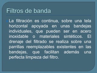 Filtros de banda La filtración es continua, sobre una tela horizontal apoyada en unas bandejas individuales, que pueden ser en acero inoxidable o materiales sintéticos. El drenaje del filtrado se realiza sobre una parrillas reemplazables existentes en las bandejas, que facilitan además una perfecta limpieza del filtro. 