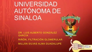 UNIVERSIDAD
AUTÓNOMA DE
SINALOA
DR. LUIS ALBERTO GONZÁLEZ
GARCÍA
RIÑÓN, FILTRACIÓN GLOMERULAR
MILLÁN SILVAS ALMA GUADALUPE
 