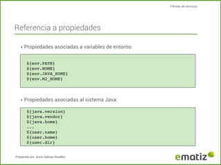 Filtrado de recursos

Referencia a propiedades
‣ Propiedades asociadas a variables de entorno:

${env.PATH}
${env.HOME}
${env.JAVA_HOME}
${env.M2_HOME}

‣ Propiedades asociadas al sistema Java:
${java.version}
${java.vendor}
${java.home}
...
${user.name}
${user.home}
${user.dir}
Preparado por Jesús Salinas Revelles

 