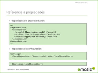 Filtrado de recursos

Referencia a propiedades
‣ Propiedades del proyecto maven:
...
<dependencies>
<dependency>
<groupId>${project.groupId}</groupId>
<artifactId>sibling-project</artifactId>
<version>${project.version}</version>
</dependency>
</dependencies>
...

‣ Propiedades de conﬁguración:
<settings>
<localRepository>/RepositorioPrueba</localRepository>
...
${settings.localRepository}
Preparado por Jesús Salinas Revelles

 