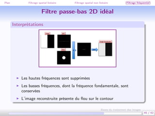 Plan Filtrage spatial linéaire Filtrage spatial non linéaire Filtrage fréquentiel
Filtre passe-bas 2D idéal
Interprétations
Les hautes fréquences sont supprimées
Les basses fréquences, dont la fréquence fondamentale, sont
conservées
L’image reconstruite présente du ﬂou sur le contour
45 / 62
Bases du traitement des images
 