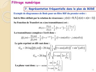 Exemple de diagrammes de Bode pour un filtre RIF du premier ordre :
Soit le filtre définit par la relation de récurrence :  
( ) 0,5. ( ) ( 1)
y n x n x n
  
Sa Fonction de Transfert en z (ou transmittance) est :
 
1
( ) 1 1 1
( ) . 1 .
( ) 2 2
Y z z
H z z
X z z
 
 
     
 
La transmittance complexe s’écrit donc :
   
( ) 1 1
( ) . 1 . 1 cos( ) .sin( )
( ) 2 2
j Te
Y j
H j e Te j Te
X j


  


     
Le gain exprimé en dB vaut donc :
La phase vaut donc :
 
   
2 2
1
20.log ( ) 20.log . 1 cos sin
2
dB
G H j Te Te
  
 
   
 
 
2
20.log . 1 cos 2
2
dB
f
G
Fe

 
 
 
 
 
 
 
 
sin 2
arctan
1 cos 2
f
Fe
f
Fe



 
 
 
 
 
 
 
 
 
  
 
 
  19
Filtrage numérique
7. Représentation fréquentielle dans le plan de BODE
 