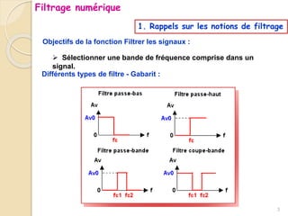 1. Rappels sur les notions de filtrage
Objectifs de la fonction Filtrer les signaux :
 Sélectionner une bande de fréquence comprise dans un
signal.
Différents types de filtre - Gabarit :
3
Filtrage numérique
 