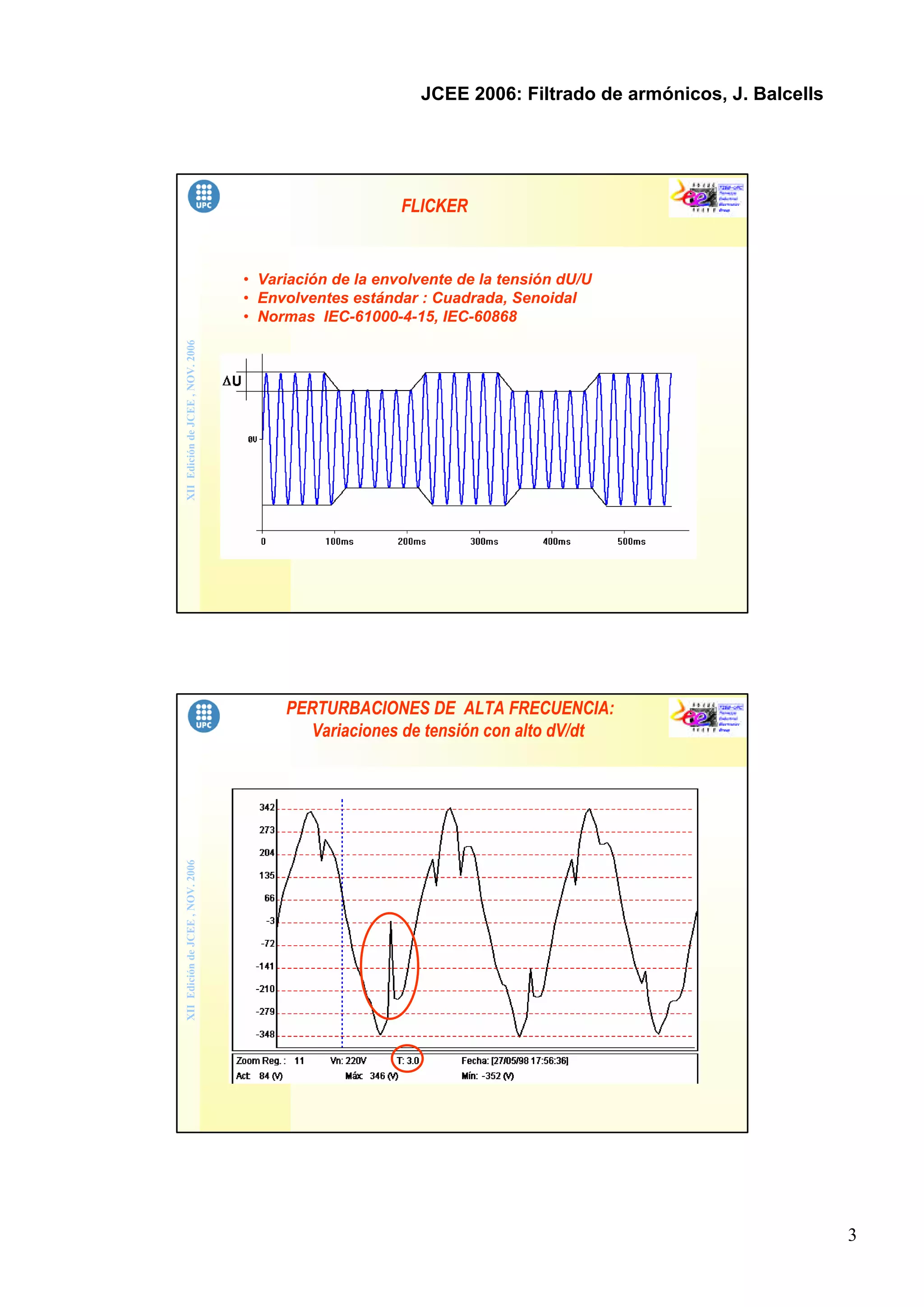 3
JCEE 2006: Filtrado de armónicos, J. Balcells
XIIEdicióndeJCEE,NOV.2006
FLICKER
• Variación de la envolvente de la tensión dU/U
• Envolventes estándar : Cuadrada, Senoidal
• Normas IEC-61000-4-15, IEC-60868
XIIEdicióndeJCEE,NOV.2006
PERTURBACIONES DE ALTA FRECUENCIA:
Variaciones de tensión con alto dV/dt
 