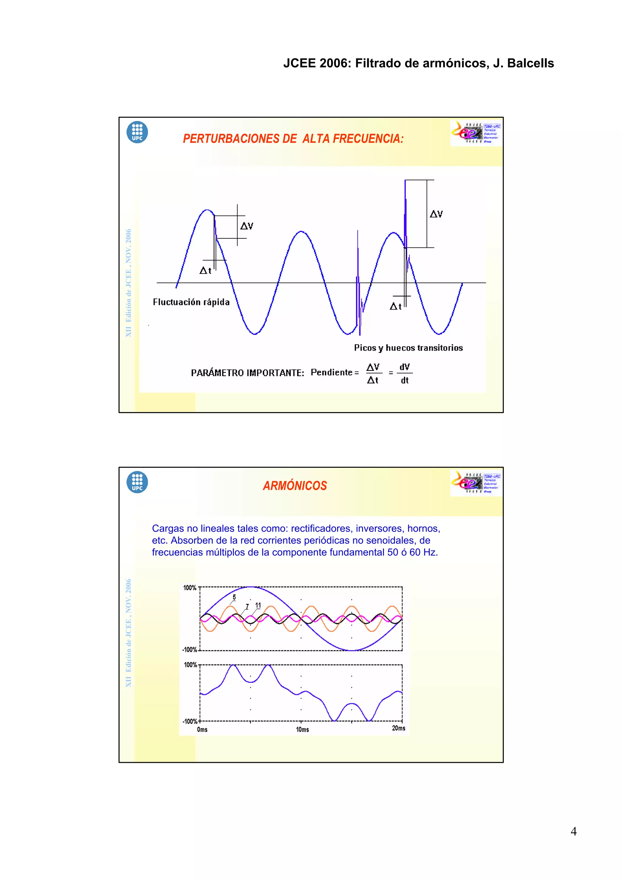 4
JCEE 2006: Filtrado de armónicos, J. Balcells
XIIEdicióndeJCEE,NOV.2006
PERTURBACIONES DE ALTA FRECUENCIA:
XIIEdicióndeJCEE,NOV.2006
ARMÓNICOS
Cargas no lineales tales como: rectificadores, inversores, hornos,
etc. Absorben de la red corrientes periódicas no senoidales, de
frecuencias múltiplos de la componente fundamental 50 ó 60 Hz.
 