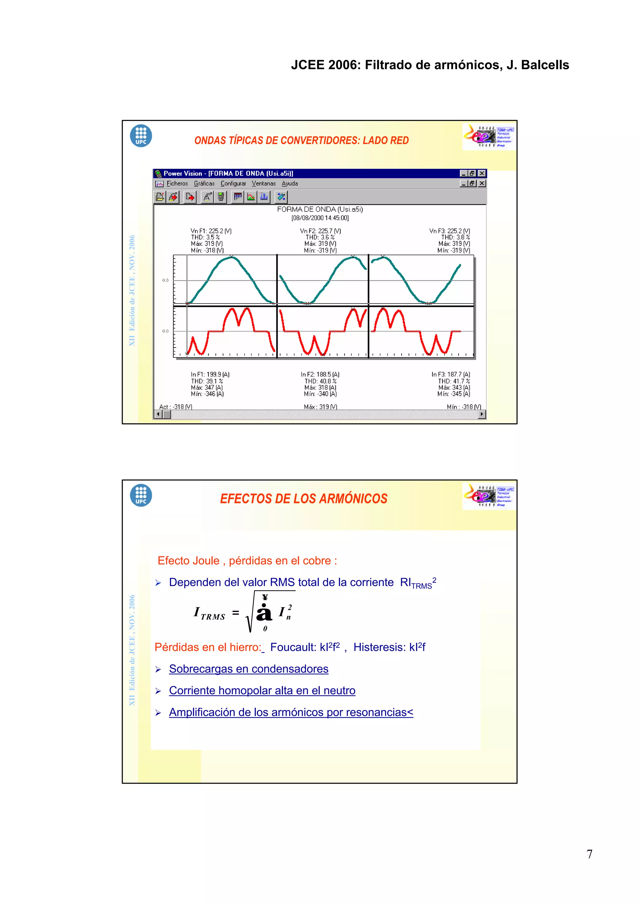 7
JCEE 2006: Filtrado de armónicos, J. Balcells
XIIEdicióndeJCEE,NOV.2006
ONDAS TÍPICAS DE CONVERTIDORES: LADO RED
XIIEdicióndeJCEE,NOV.2006
EFECTOS DE LOS ARMÓNICOS
Efecto Joule , pérdidas en el cobre :
Ø Dependen del valor RMS total de la corriente RITRMS
2
Pérdidas en el hierro: Foucault: kI2f2 , Histeresis: kI2f
Ø Sobrecargas en condensadores
Ø Corriente homopolar alta en el neutro
Ø Amplificación de los armónicos por resonancias<
I ITRMS n=
∞
∑ 2
0
 