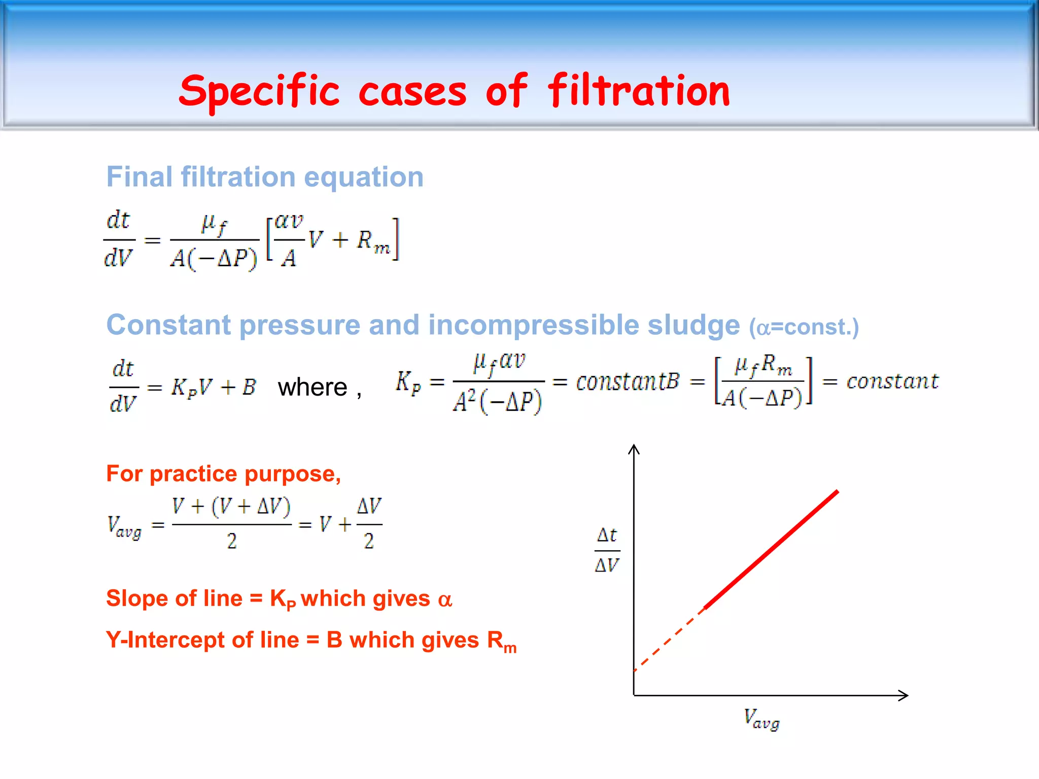 Specific cases of filtration
Final filtration equation




Constant pressure and incompressible sludge (=const.)

               where ,


For practice purpose,




Slope of line = KP which gives 
Y-Intercept of line = B which gives Rm
 
