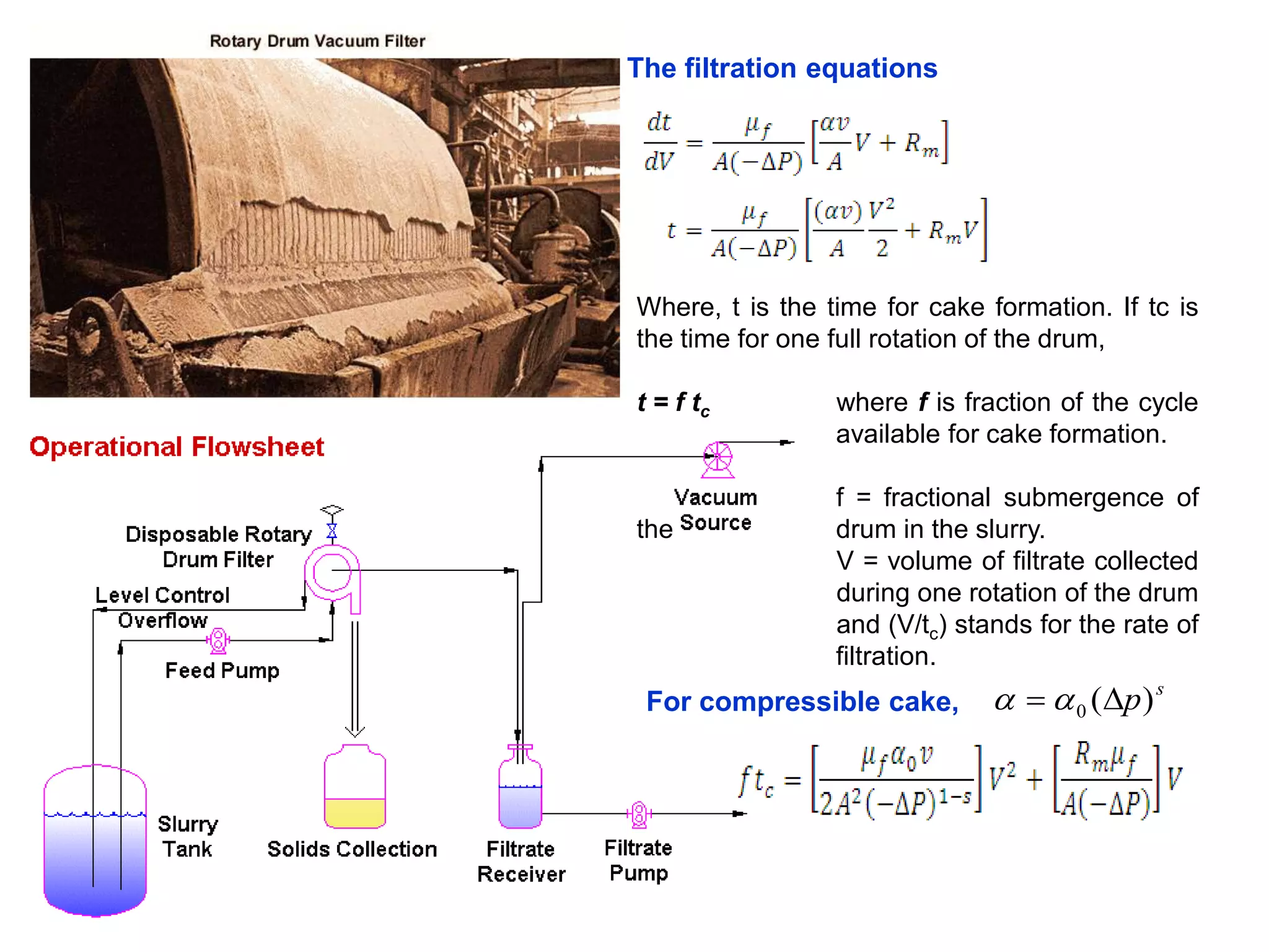 The filtration equations




Where, t is the time for cake formation. If tc is
the time for one full rotation of the drum,

t = f tc         where f is fraction of the cycle
                 available for cake formation.

                 f = fractional submergence of
the              drum in the slurry.
                 V = volume of filtrate collected
                 during one rotation of the drum
                 and (V/tc) stands for the rate of
                 filtration.
 For compressible cake,           0 (p) s
 