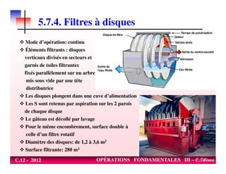 5.7.4. Filtres à disques
Mode d’opération: continu
Éléments filtrants : disques
verticaux divisés en secteurs et
garnis de toiles filtrantes
fixés parallèlement sur un arbre
mis sous vide par une tête
distributrice
C.12 - 2012 OPÉRATIONS FONDAMENTALES III – C.Tibirna
distributrice
Les disques plongent dans une cuve d’alimentation
Les S sont retenus par aspiration sur les 2 parois
de chaque disque
Le gâteau est décollé par lavage
Pour le même encombrement, surface double à
celle d’un filtre rotatif
Diamètre des disques: de 1,2 à 3,6 m2
Surface filtrante: 280 m2
 