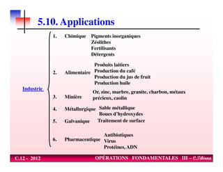 Industrie
1. Chimique
2. Alimentaire
Pigments inorganiques
Zéolithes
Fertilisants
Détergents
Produits laitiers
Production du café
Production du jus de fruit
Production huile
5.10. Applications
C.12 - 2012 OPÉRATIONS FONDAMENTALES III – C.Tibirna
Industrie
3. Minière
4. Métallurgique
5. Galvanique
6. Pharmaceutique
Or, zinc, marbre, granite, charbon, métaux
précieux, caolin
Sable métallique
Boues d’hydroxydes
Traitement de surface
Antibiotiques
Virus
Protéines, ADN
 