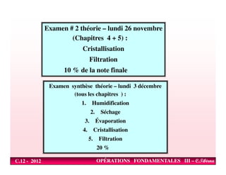 Examen # 2 théorie – lundi 26 novembre
(Chapitres 4 + 5) :
Cristallisation
Filtration
10 % de la note finale
Examen synthèse théorie – lundi 3 décembre
C.12 - 2012 OPÉRATIONS FONDAMENTALES III – C.Tibirna
Examen synthèse théorie – lundi 3 décembre
(tous les chapitres ) :
1. Humidification
2. Séchage
3. Évaporation
4. Cristallisation
5. Filtration
20 %
 