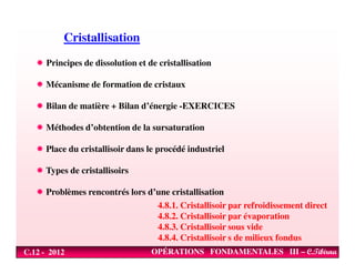 Principes de dissolution et de cristallisation
Mécanisme de formation de cristaux
Bilan de matière + Bilan d’énergie -EXERCICES
Méthodes d’obtention de la sursaturation
Cristallisation
C.12 - 2012 OPÉRATIONS FONDAMENTALES III – C.Tibirna
Place du cristallisoir dans le procédé industriel
Types de cristallisoirs
Problèmes rencontrés lors d’une cristallisation
4.8.1. Cristallisoir par refroidissement direct
4.8.2. Cristallisoir par évaporation
4.8.3. Cristallisoir sous vide
4.8.4. Cristallisoir s de milieux fondus
 